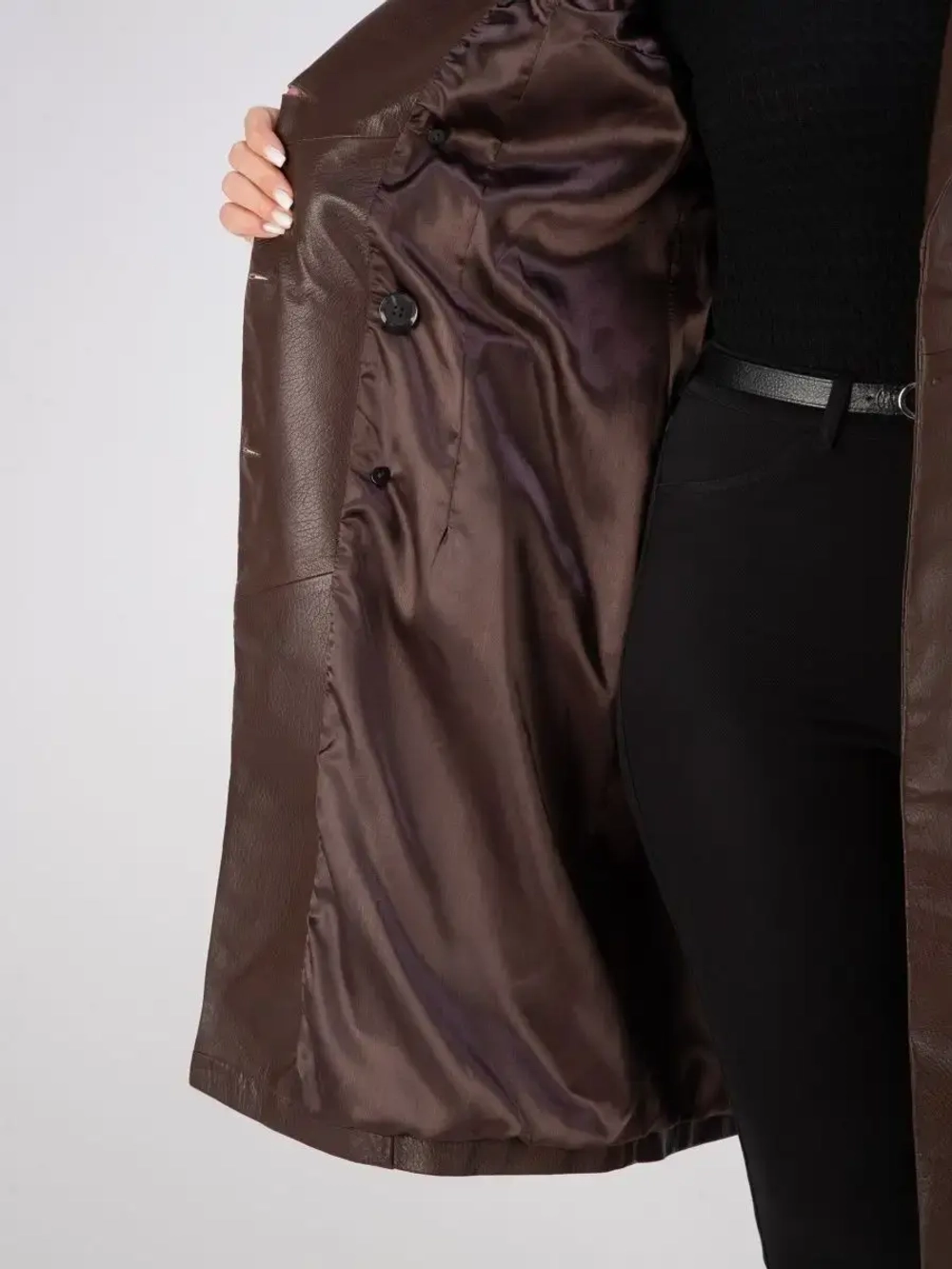 Тренч длинный кожаный с поясом плащ на весну