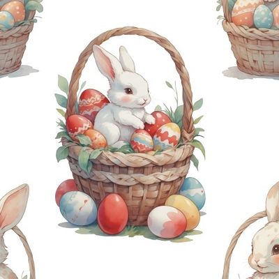 Милые кролики в пасхальной корзине