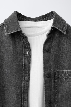 ZARA КОМПЛЕКТ: ДЖИНСОВАЯ РУБАШКА И ФУТБОЛКА В РУБЧИК, ЧЕРНЫЙ