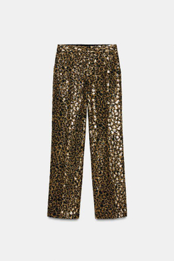 ZARA БРЮКИ ПРЯМОГО КРОЯ С ПАЙЕТКАМИ И АНИМАЛИСТИЧЕСКИМ ПРИНТОМ, ЧЕРНЫЙ/ЗОЛОТОЙ