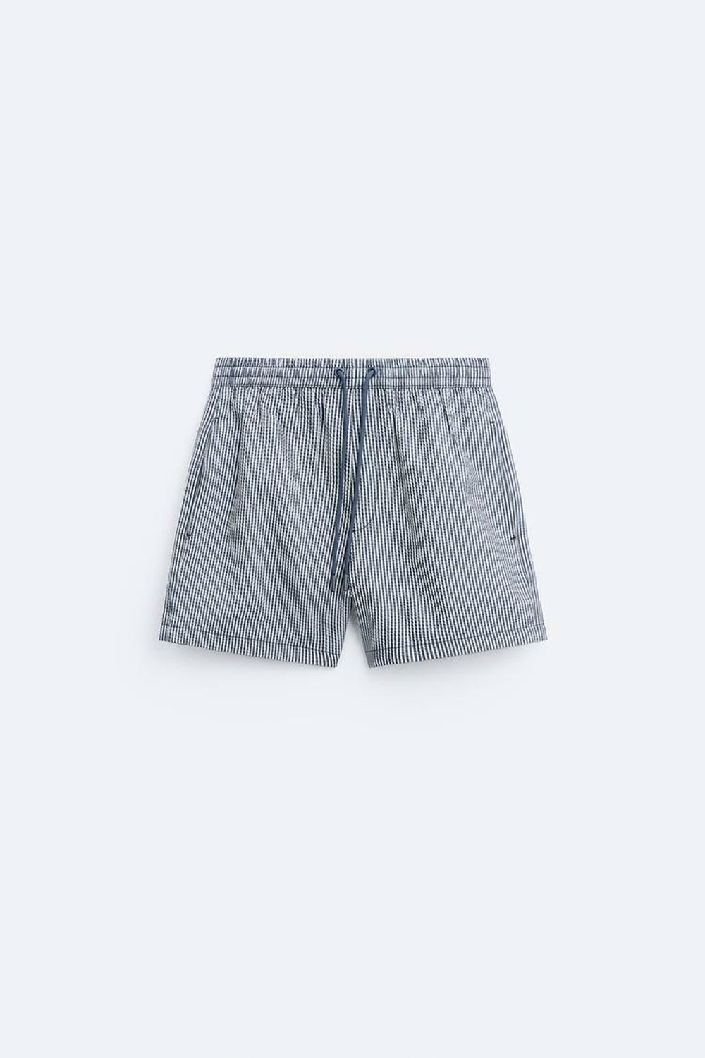 ZARA ПЛАВКИ ИЗ ЖАТОЙ ТКАНИ В МЕЛКУЮ ПОЛОСКУ, СЕРО-СИНИЙ