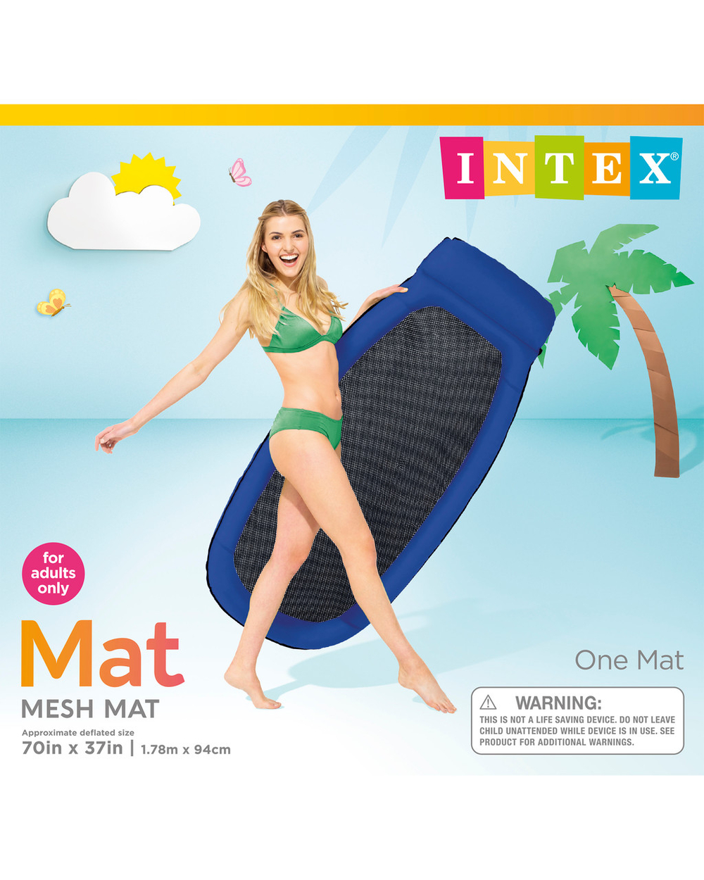 Матрас-шезлонг для плавания Intex 58836 Синий 178х94 см / Надувной плот Интекс с сетчатым дном и подголовником для бассейна и моря