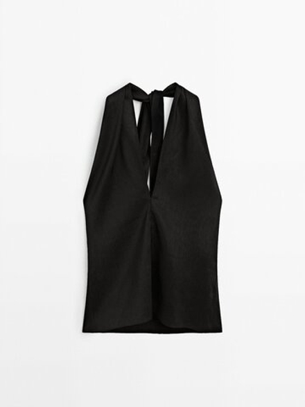 Massimo Dutti Топ с V-образным вырезом и горловиной халтер, черный