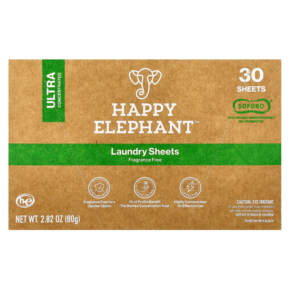 Happy Elephant, Белье для стирки, без отдушек, 30 листов, 80 г (2,82 унции)