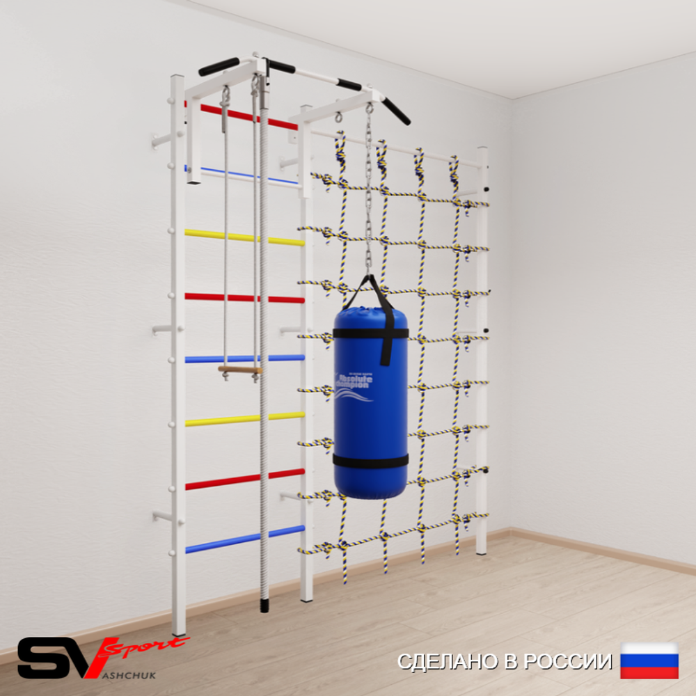 Шведская стенка Sv Sport усиленная 61530 (Турник стандарт/Канат/Трапеция/Цепь/Мешок 30кг/Канатный лаз)