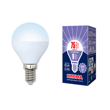 LED-G45-9W-DW-E14-FR-NR Лампа светодиодная. Форма шар. матовая. Серия Norma. Дневной белый свет 6500K. Картон. ТМ Volpe