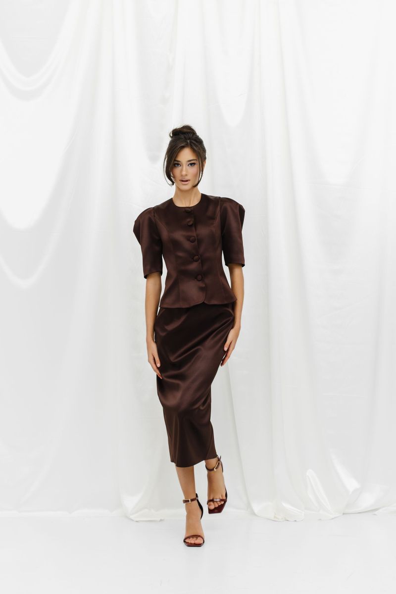 Юбка из атласа миди шоколадная
