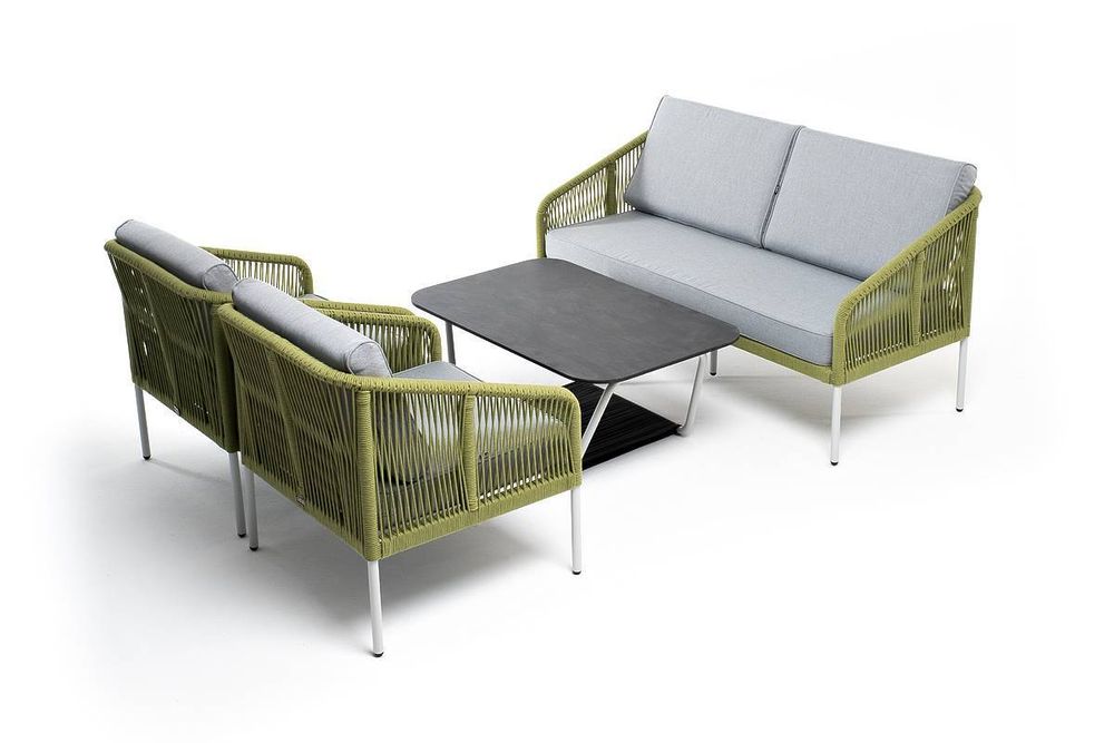 "Канны" лаунж-зона 4-местная из роупа со столом "Глория" (серый гранит), каркас алюминиевый светло-серый, роуп салатовый меланж