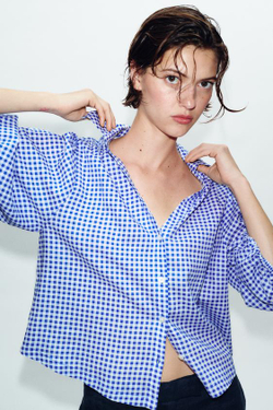 ZARA РУБАШКА ИЗ СМЕСОВОГО ЛЬНА С ОБЪЕМНЫМИ РУКАВАМИ, ЭКРЮ/СИНИЙ