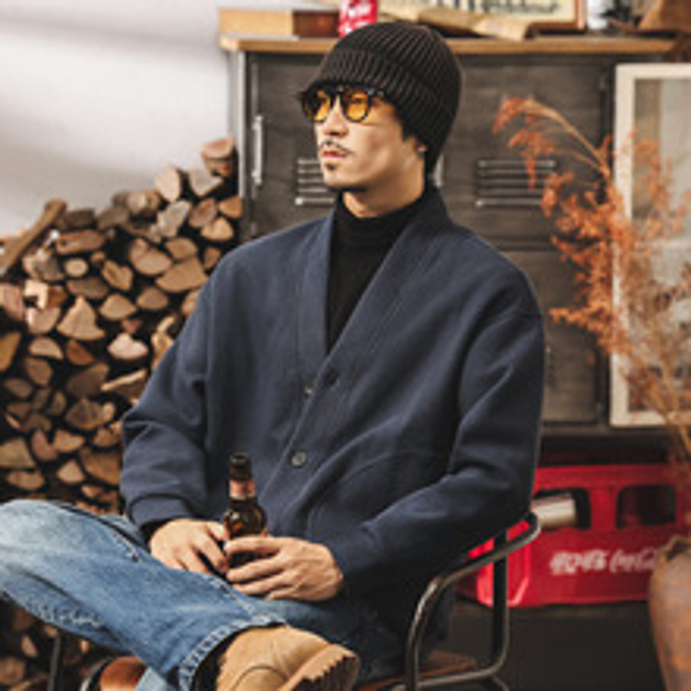 Мужская куртка-кардиган в американском стиле ретро, весна и осень, ленивый стиль, тяжелый свитшот, свободная повседневная мужская куртка, осень и зима.