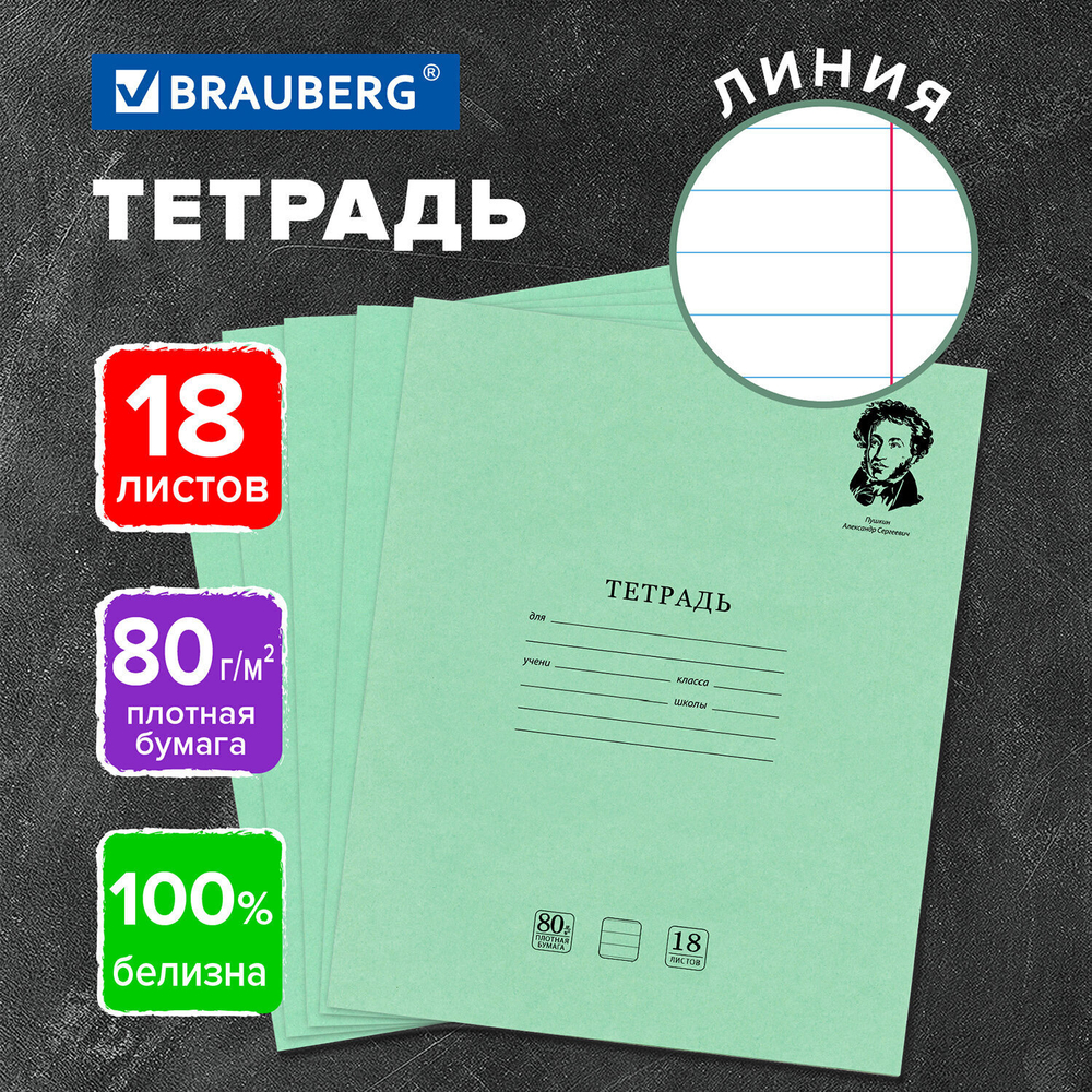 Тетрадь BRAUBERG ВЕЛИКИЕ ИМЕНА 18 л. линия плотная бумага 80 г/м2 обложка тонированный офсет (40 штук в упаковке)