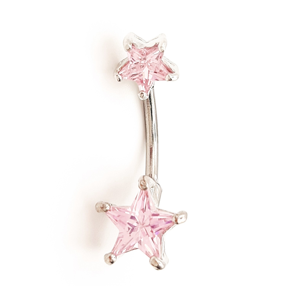Украшение для пирсинга пупка "Две звезды" с розовыми кристаллами. Медицинская сталь