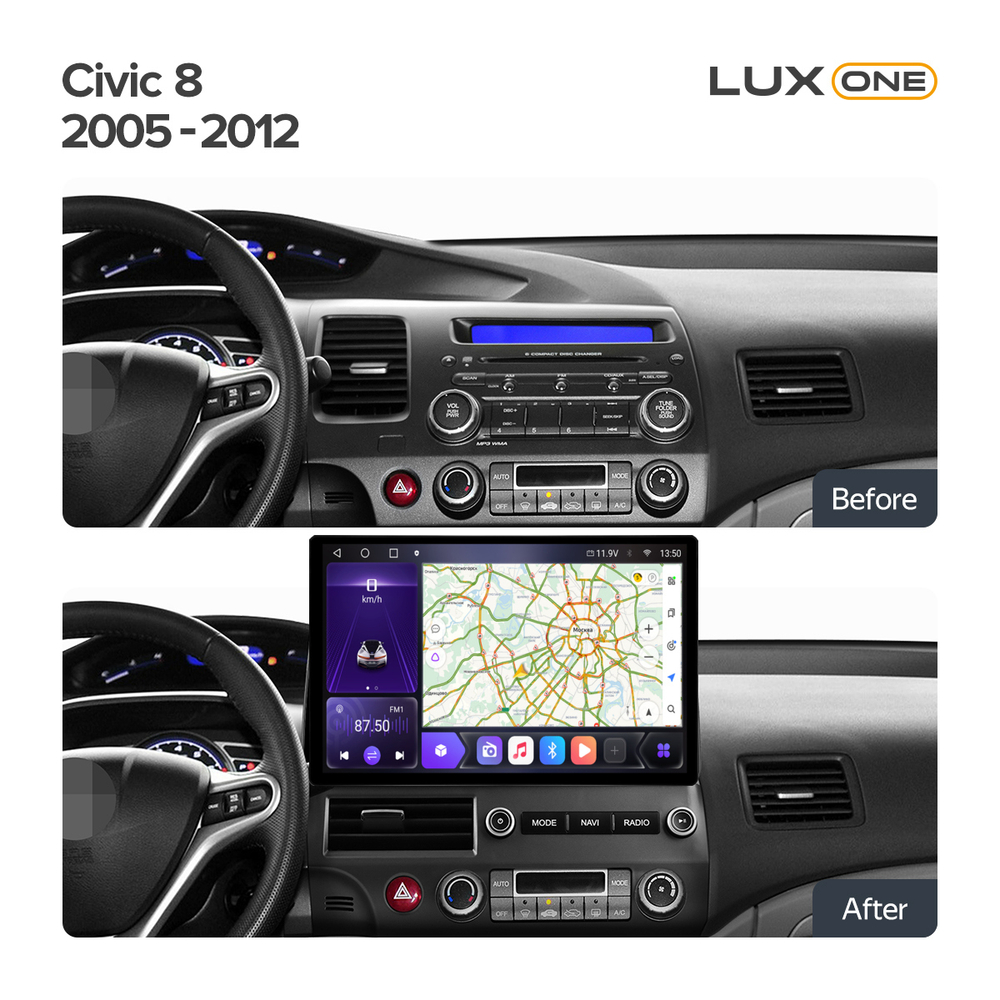 Магнитола Honda Civic 8 2005-2012 седан - Carmedia LUX-CIV8-12-F1301-S10 монитор 13" 2K QLED на Android 12, CarPlay, 4G SIM-слот