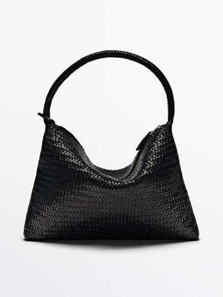 Massimo Dutti Плетеная сумка из кожи наппа с плечевым ремнем, черный