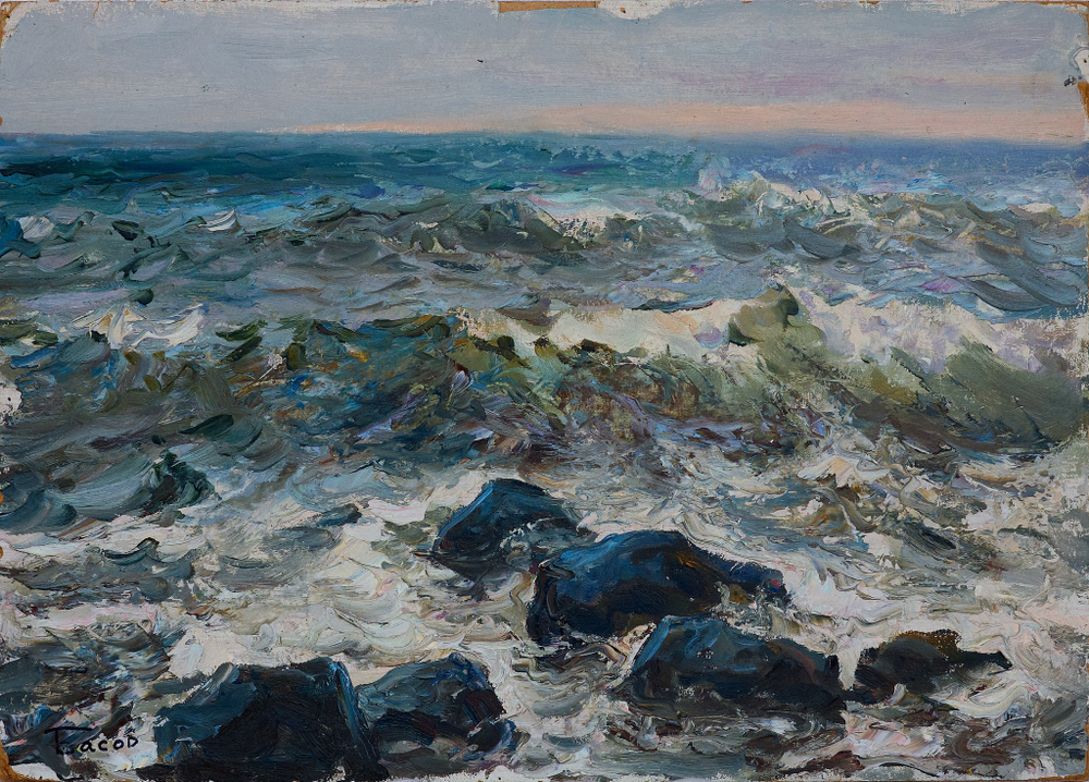 Картина Я. Басова "Штормовое море" картон/масло 49х35