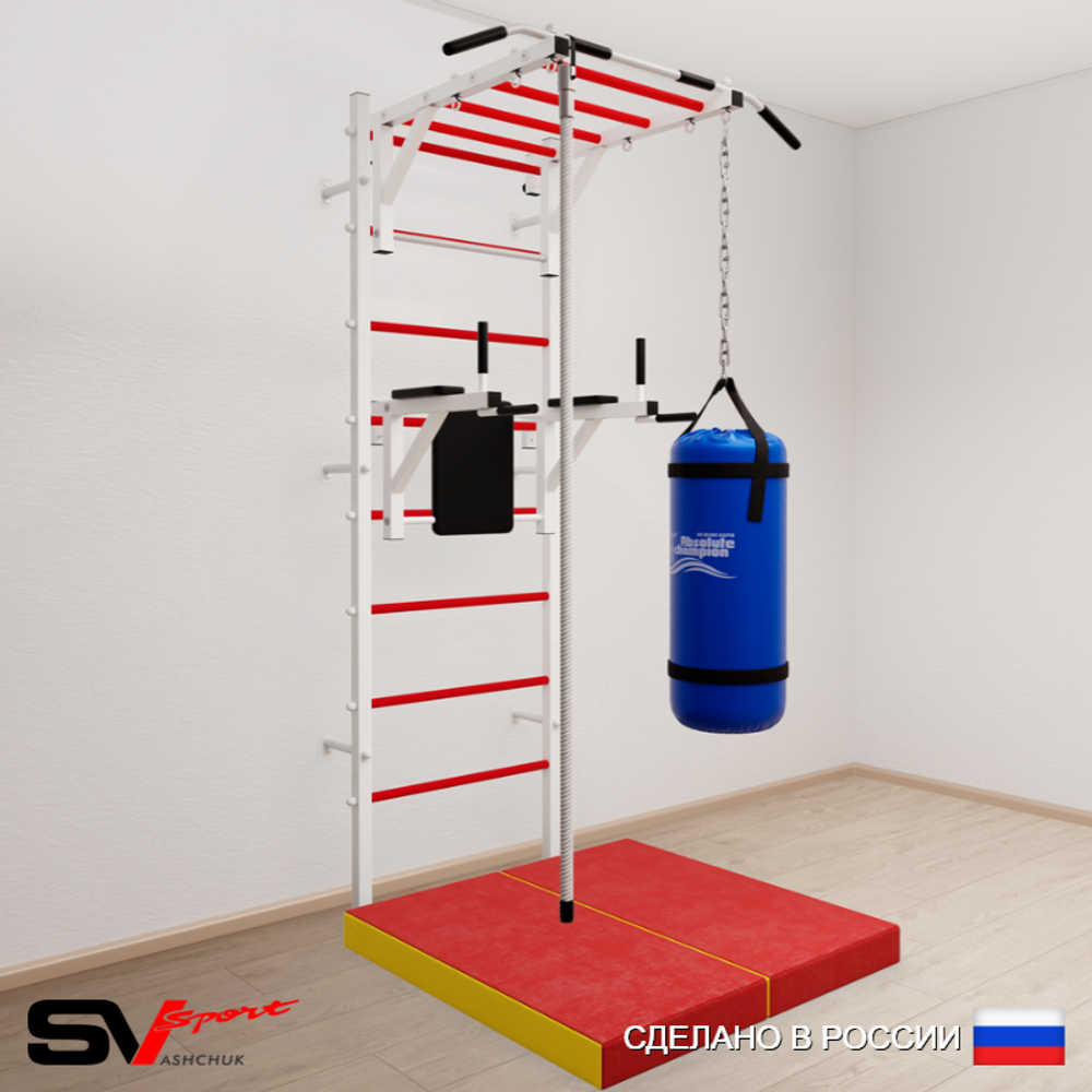 Шведская стенка Sv Sport усиленная 6407 (Турник рукоход/Брусья/Канат/Цепь/Мешок 30кг/Мат 1м)