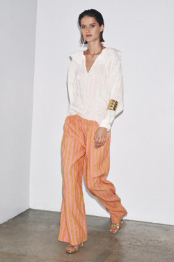 ZARA БРЮКИ ИЗ СМЕСОВОГО ЛЬНА В ПОЛОСКУ — ZW COLLECTION, КОРИЧНЕВЫЙ / РОЗОВЫЙ