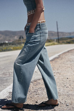 ZARA ДЖИНСЫ Z1975 LOOSE FIT СО СРЕДНЕЙ ПОСАДКОЙ И ВЯЗАНЫМИ ДЕТАЛЯМИ, ВЫЦВЕТШИЙ СИНИЙ
