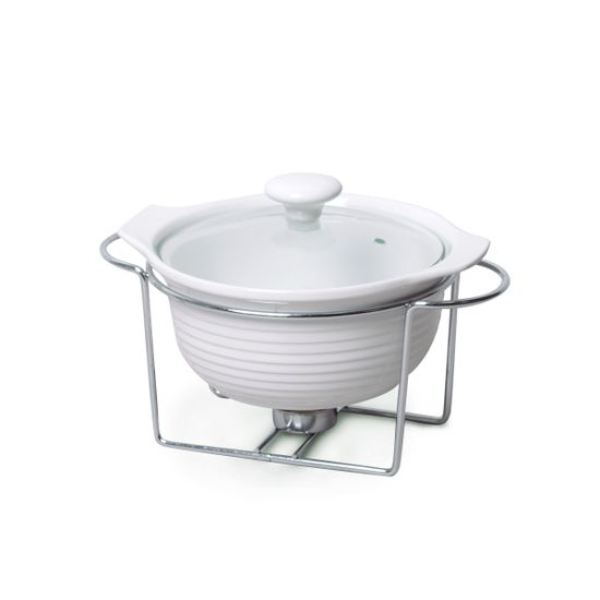 Мармит керамический круглый 23 см. 1,2 л. Kamille KM 6400 со стеклянной крышкой на металлической подставке