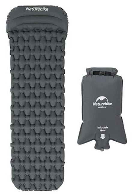 Коврик надувной Naturehike с подушкой, 185x59x3,5 см, серый, с мешком