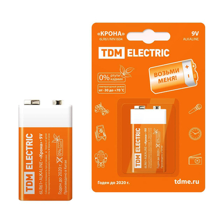 Батарейка Tdm Electric 6LR61, типоразмер Крона, 1 шт