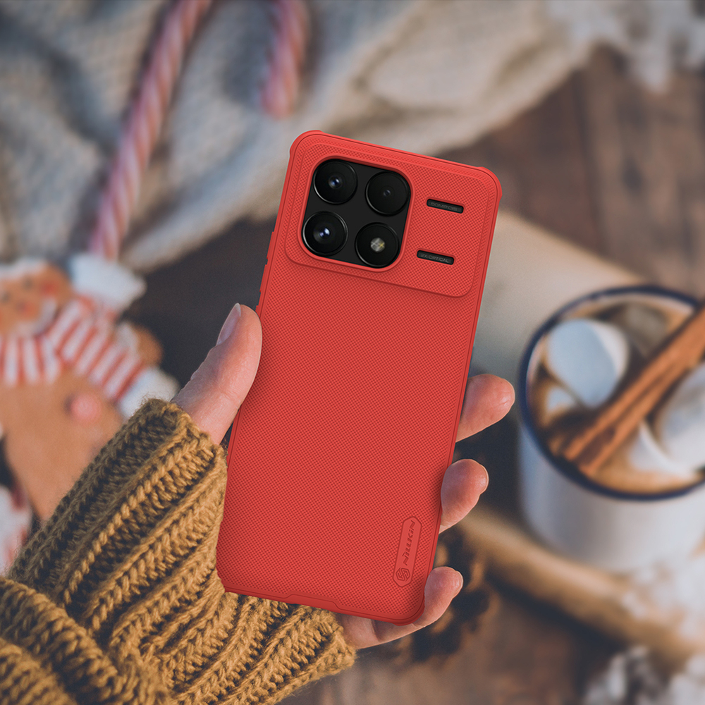 Усиленный двухкомпонентный чехол красного цвета от Nillkin для Xiaomi Poco F6 Pro, серия Super Frosted Shield Pro