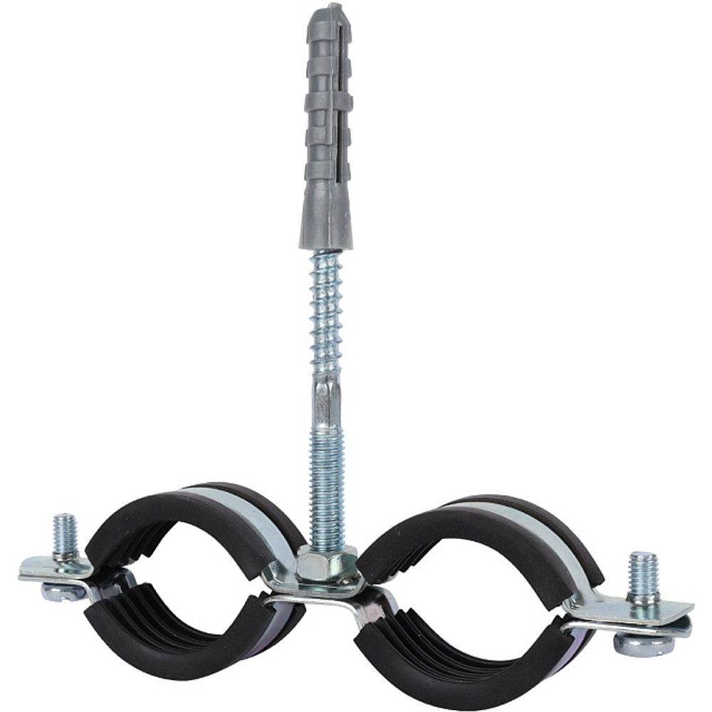 Хомут для труб двухвинтовой сдвоенный STOUT - 1" (32-35 мм, с шпилькой и дюбелем)