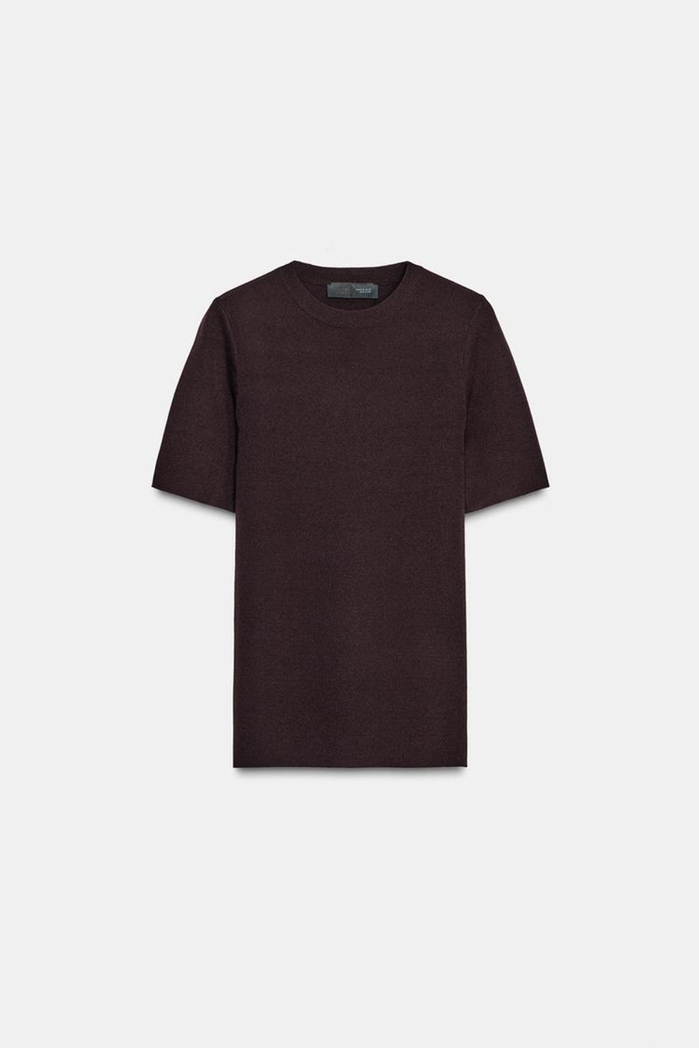 ZARA ОДНОТОННЫЙ ТРИКОТАЖНЫЙ ТОП С КОРОТКИМИ РУКАВАМИ, БАКЛАЖАННЫЙ