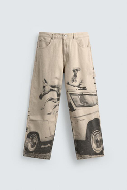 ZARA Х FORD ШИРОКИЕ БРЮКИ С ПРИНТОМ, СЕРО-БЕЖЕВЫЙ