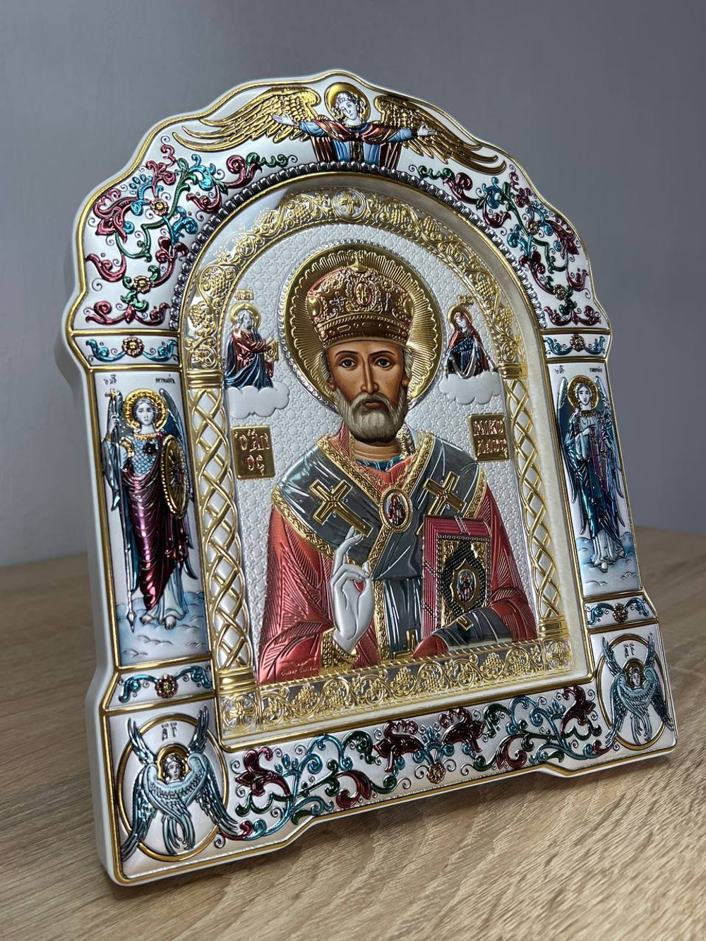 Николай чудотворец, икона арочная с рамкой под стеклом, белое дерево, эмаль 167х228