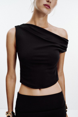 ZARA ТОП АСИММЕТРИЧНОГО КРОЯ С ТЕКСТУРОЙ, ЧЕРНЫЙ
