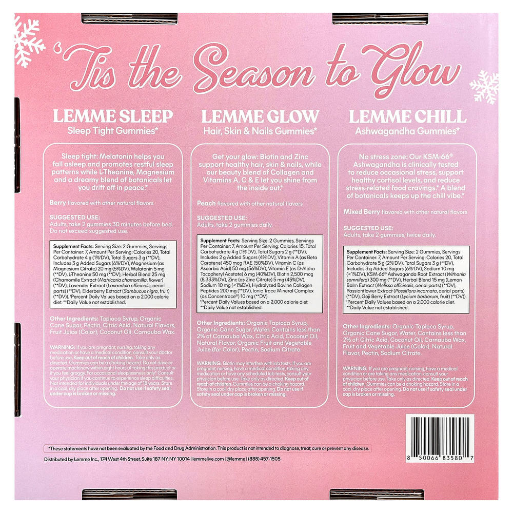 Lemme, Праздничные жевательные таблетки для сияния кожи, для сна, сияния, расслабления, 3 флакона, 14 жевательных таблеток в каждом