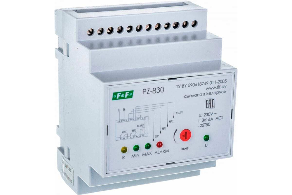 Реле контроля уровня жидкости PZ-830 230В AC 3х16А 3перкл. IP20 (трехуровневый контроль авар. уровня)