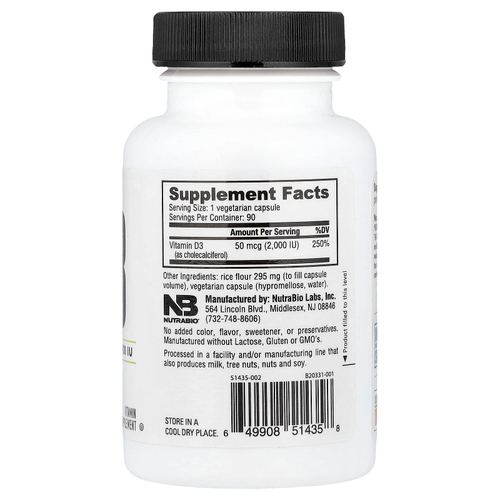 NutraBio, Витамин D-3, 2000 МЕ, 90 капсул