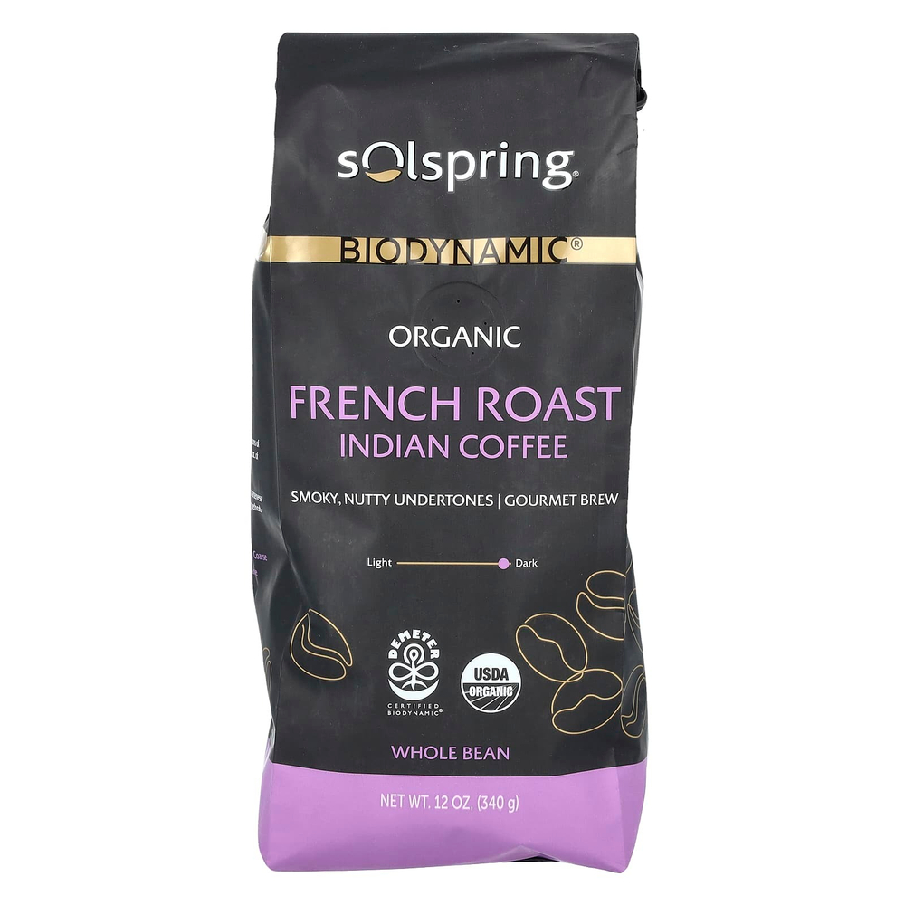 Dr. Mercola, Solspring®, Biodynamic®, органический индийский кофе, цельные зерна, французская обжарка, 340 г (12 унций)