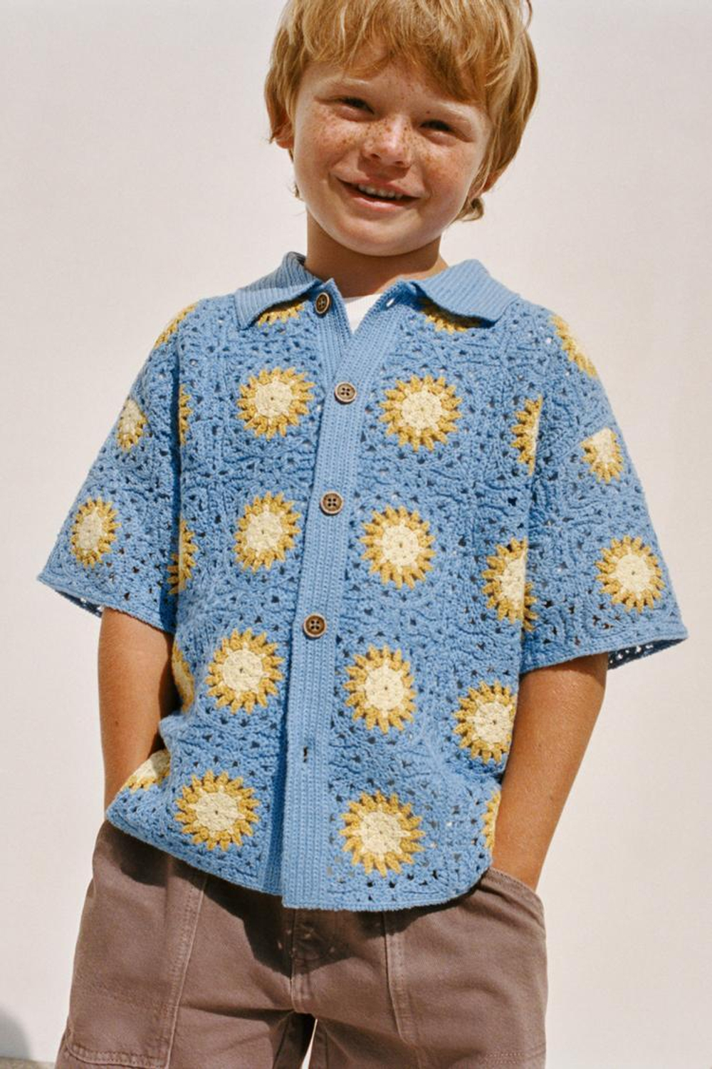 ZARA ТРИКОТАЖНАЯ РУБАШКА ИЗ КРУЖЕВА КРОШЕ, ГОЛУБОЙ