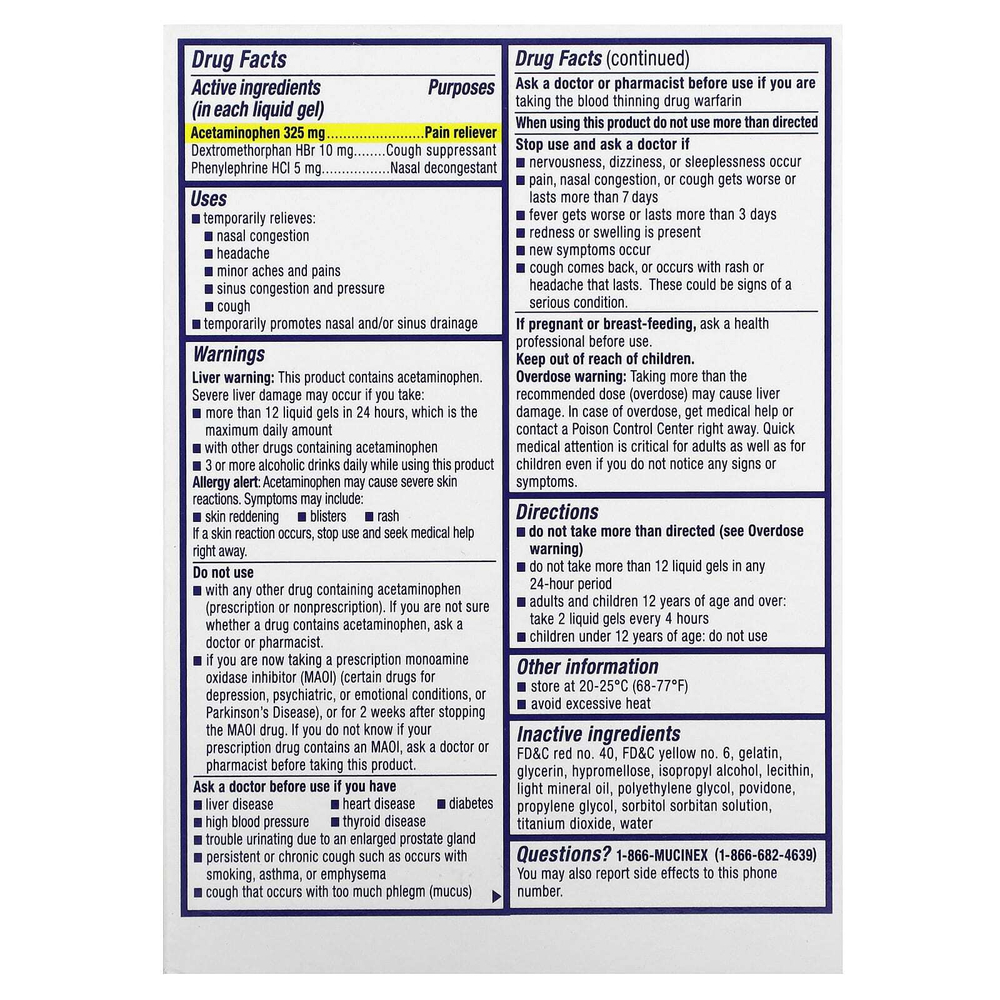Mucinex, Sinus-Max, сильная заложенность носа и боль, максимальная сила действия, для детей от 12 лет, 16 капсул в жидкой форме