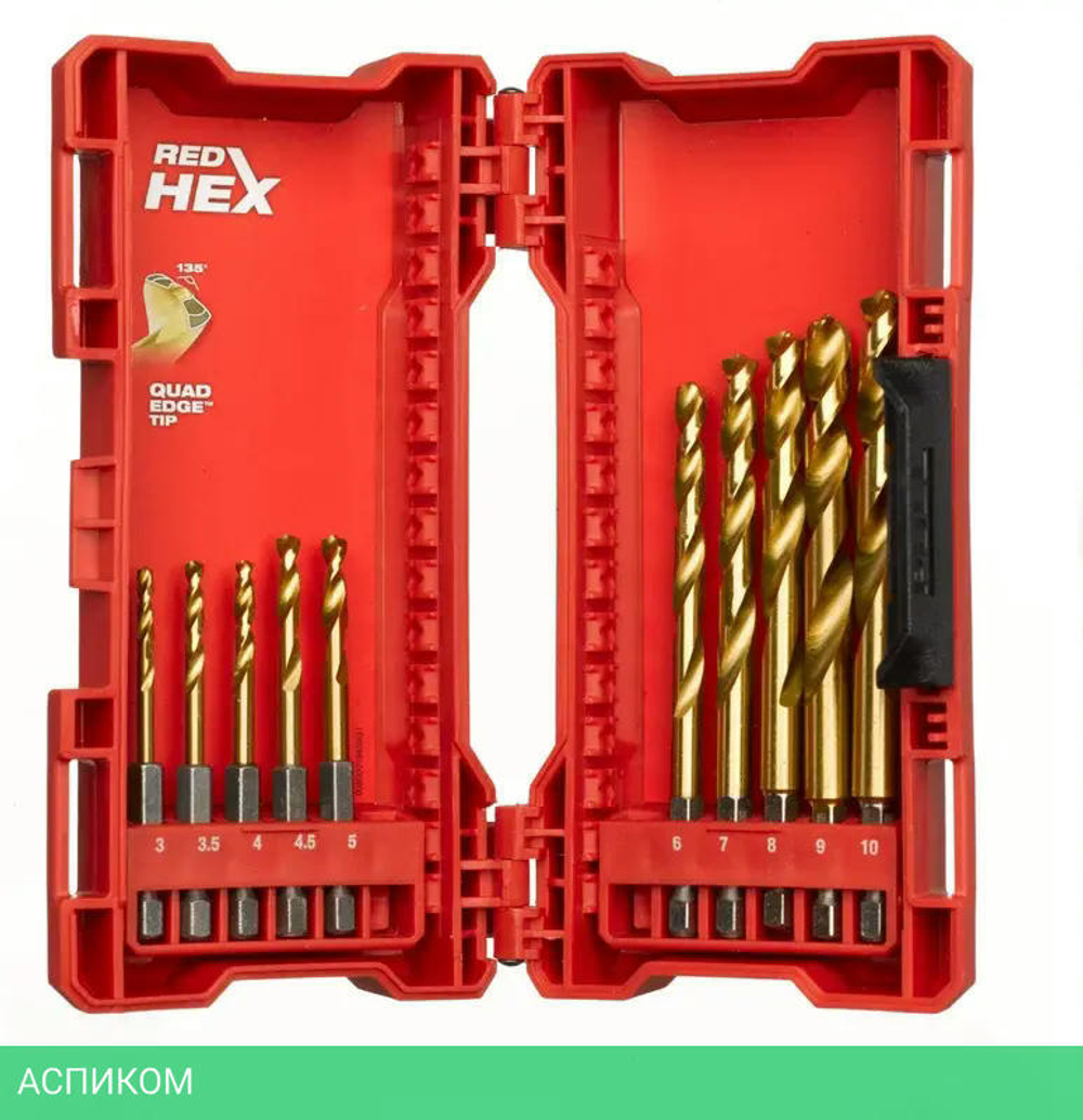 Набор сверл Milwaukee RedHEX HSS-TiN 3-10 мм 10шт (4932493865)