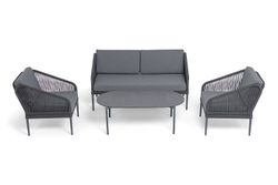 "Канны" лаунж-зона 4-местная (разборная) из роупа со столиком "Диего" цвета "серый гранит", роуп темно-серый круглый, ткань темно-серая