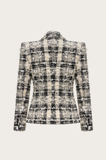 ЖАКЕТ ИЗ СЕРОГО ХЛОПКОВОГО ТВИДА С ЛЮРЕКСНОЙ НИТЬЮ