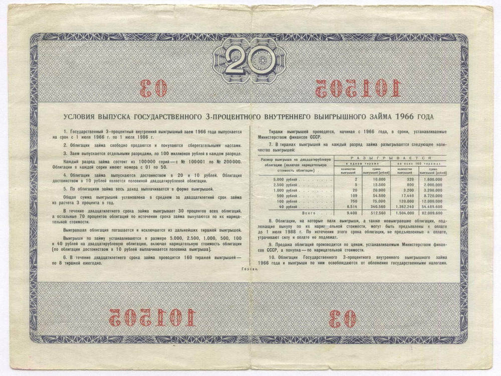 Облигация 20 рублей 1966 год. Серия № 101505. F-VF