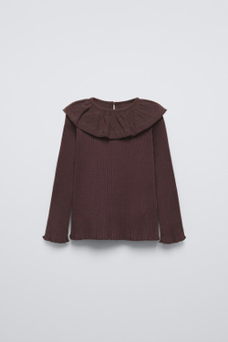 ZARA КОМБИНИРОВАННАЯ ФУТБОЛКА ИЗ ТРИКОТАЖА В РУБЧИК, ШОКОЛАДНЫЙ