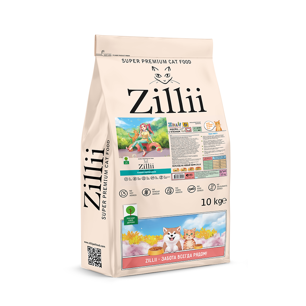 Сухой корм для кошек ZILLII Skin & Coat Care с индейкой и ягненком для здоровья кожи и шерсти 10 кг