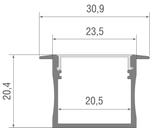 Встраиваемый алюминиевый профиль,  30х20, 5х2000мм. В комплекте матовый экран,  4 торцевые заглушки,  4 крепежа,  белый RAL9003