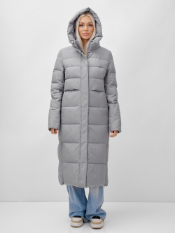 Пальто утепленное стеганное зимнее с капюшоном женское серого цвета 9620Sr