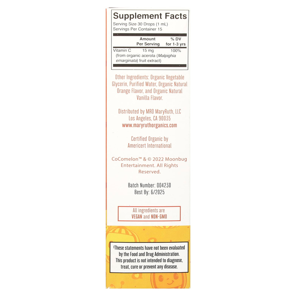 MaryRuth's, Cocomelon, жидкие капли с витамином C для малышей, для детей от 1 до 3 лет, с апельсином и ванилью, 15 мг, 15 мл (0,5 жидк. Унции)