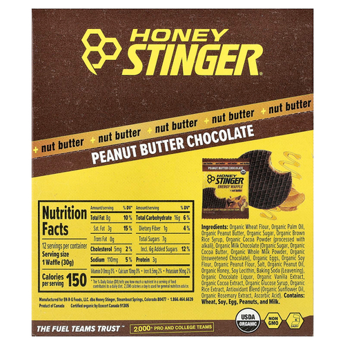 Honey Stinger, Energy, вафли с ореховой пастой, арахисовая паста и шоколад, 12 вафель по 30 г (1,06 унции)