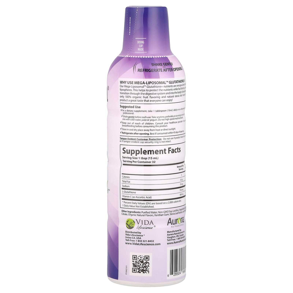 Aurora Nutrascience, Mega-Liposomal™ Glutathione+, глутатион с витамином C, вкус органических фруктов, 750 мг, 480 мл (16 жидк. унций)