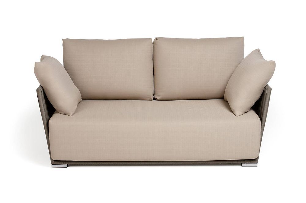 "Форли" диван 2-местный плетеный из роупа, каркас алюминий светло-серый (RAL7035) муар, роуп серо-коричневый 23мм, ткань Mossle бежевая