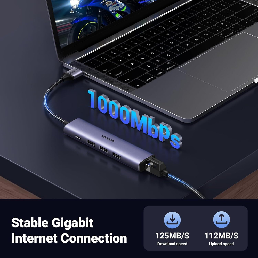 Конвертер USB 3.0 на LAN RJ-45,10/100/1000 Mbps + USB HUB 3 port, 0.2m UGREEN 60554